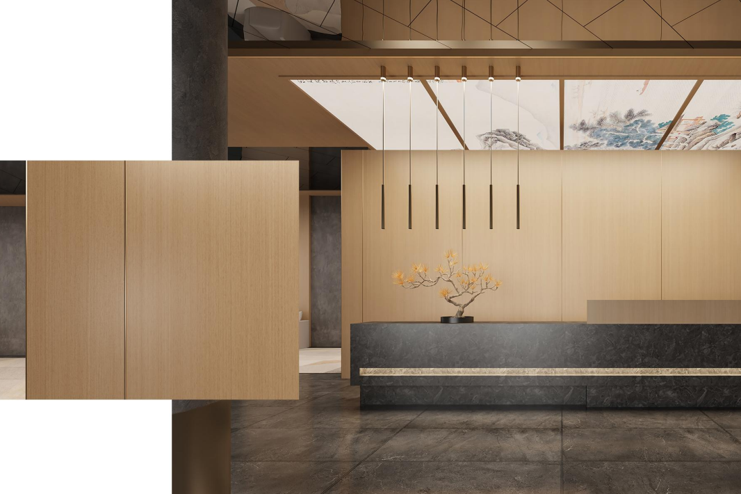 一种可做到A级阻燃的“无机基材+木皮饰面”，通过模块化组合创新门墙柜一体化